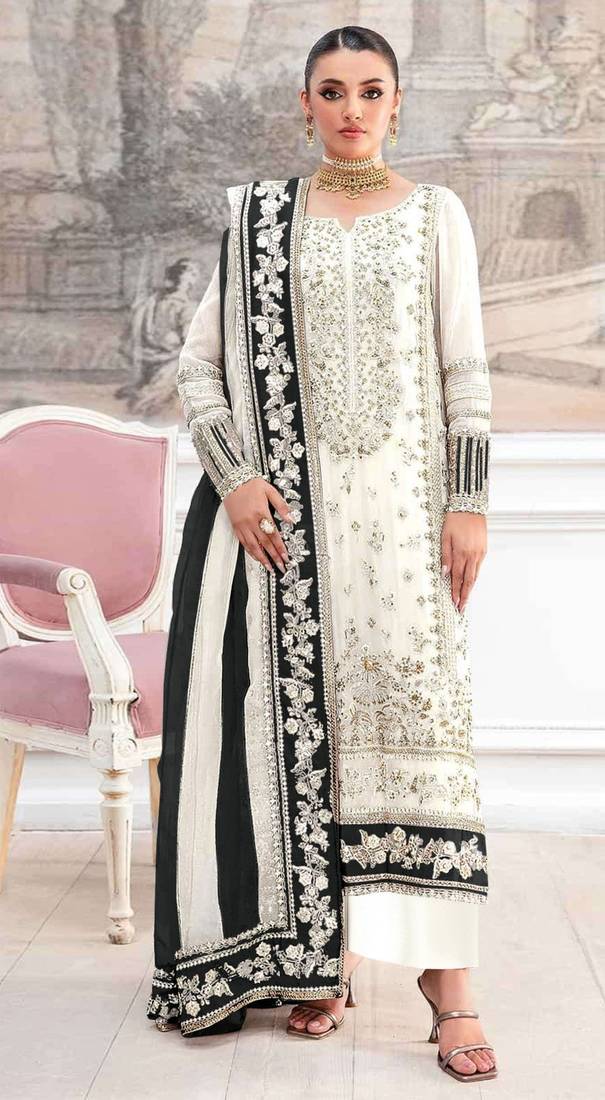 White silk suit with embroidery & khatli work