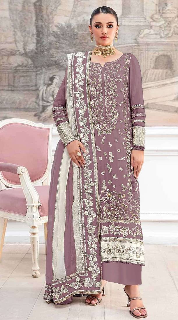 Brown silk suit with embroidery & khatli work