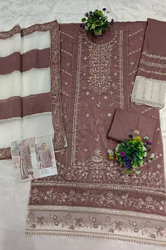Brown silk suit with embroidered khatli 
