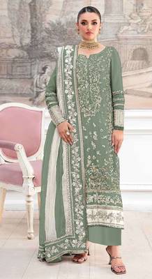 Green silk suit with embroidered khatli  1