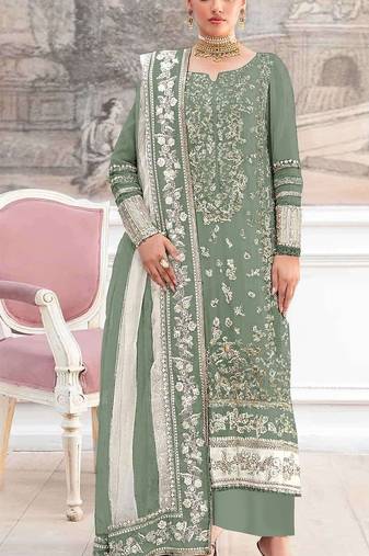 Green silk suit with embroidery & khatli work
