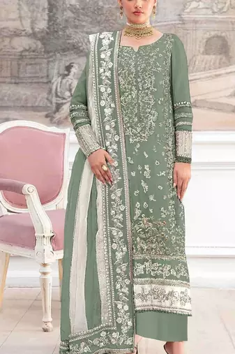 Green silk suit with embroidery & khatli work