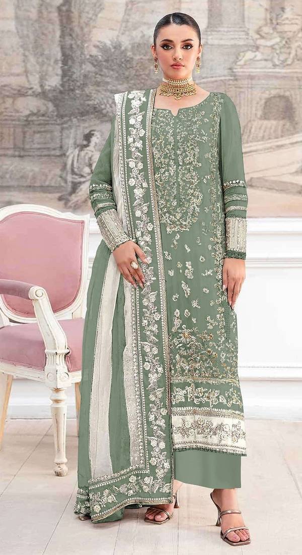 Green silk suit with embroidery & khatli work