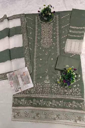 Green silk suit with embroidered khatli 