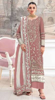 Peach silk suit with embroidered khatli  1