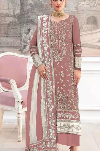 Peach silk suit with embroidery & khatli work