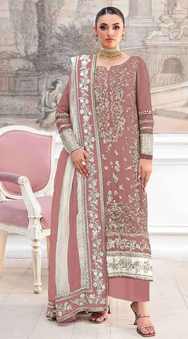 Peach silk suit with embroidery & khatli work