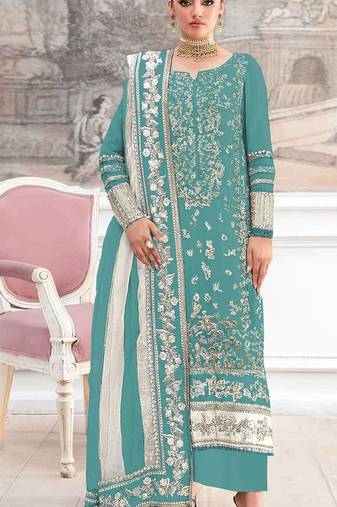 Blue silk suit with embroidery & khatli work