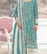 Blue silk suit with embroidery & khatli work