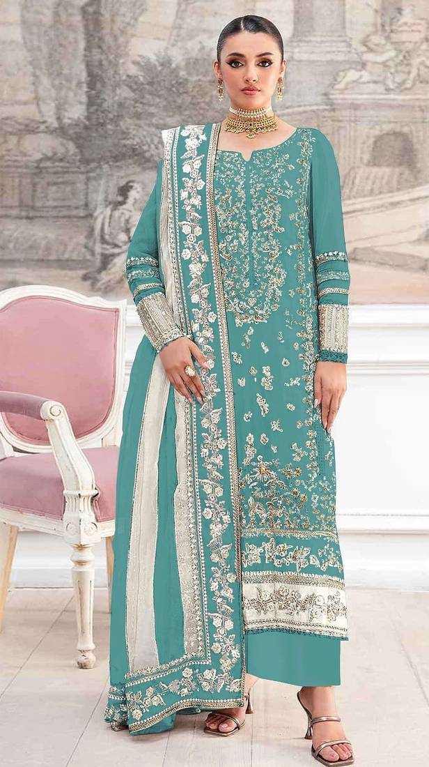 Blue silk suit with embroidery & khatli work