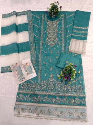 Blue silk suit with embroidered khatli  2