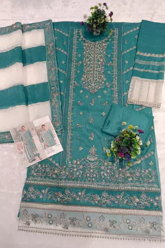 Blue silk suit with embroidered khatli 