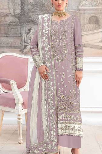 Lavender silk suit with embroidery & khatli work