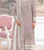 Lavender silk suit with embroidery & khatli work