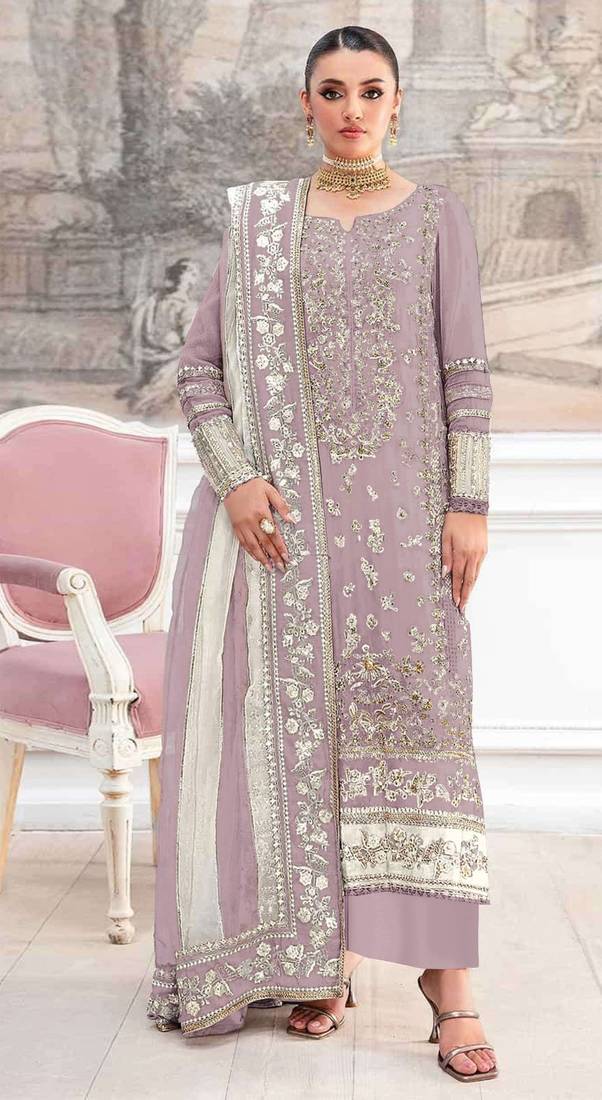 Lavender silk suit with embroidery & khatli work