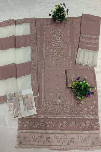 Lavender silk suit with embroidered khatli 