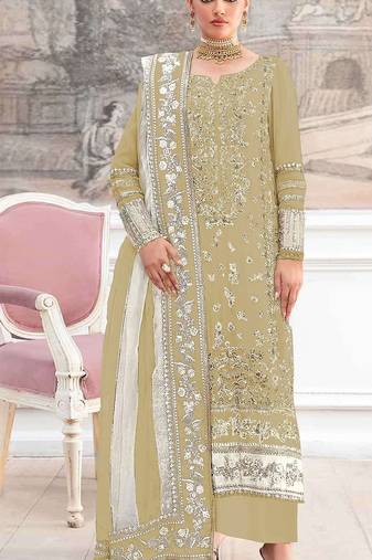 Mustard silk suit with embroidery & khatli work