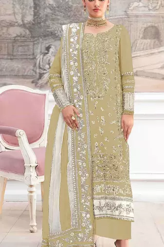 Mustard silk suit with embroidery & khatli work