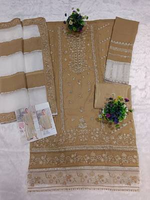 Mustard silk suit with embroidered khatli  2