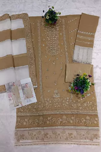 Mustard silk suit with embroidered khatli 