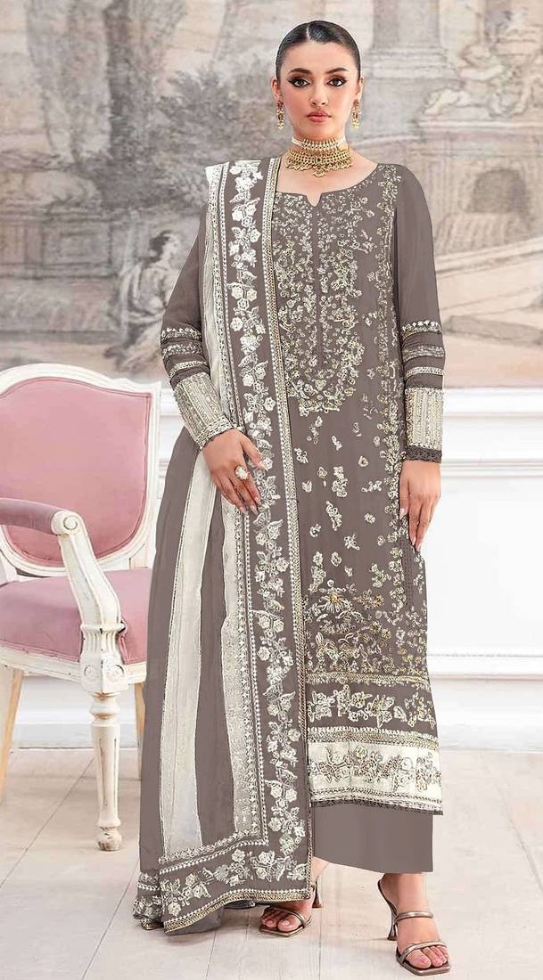Bronze silk suit with embroidery & khatli work