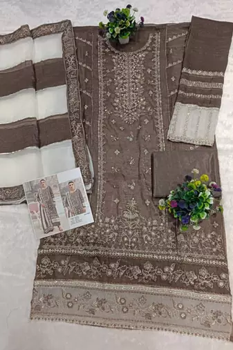 Bronze silk suit with embroidered khatli 