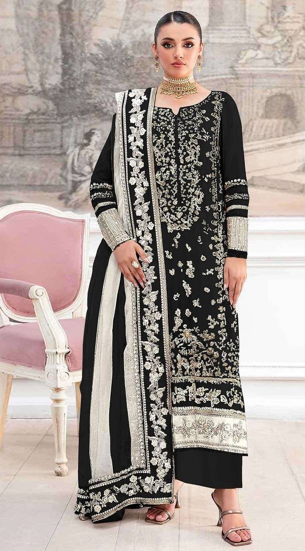 Black silk suit with embroidery & khatli work