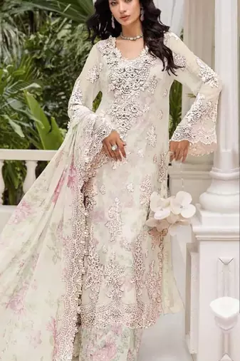 Off white chiffon semi stitched suit with embroidery & sequence work