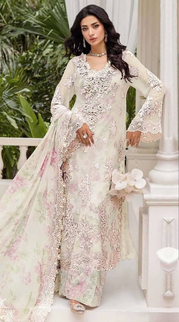 Off white chiffon semi stitched suit with embroidery & sequence work