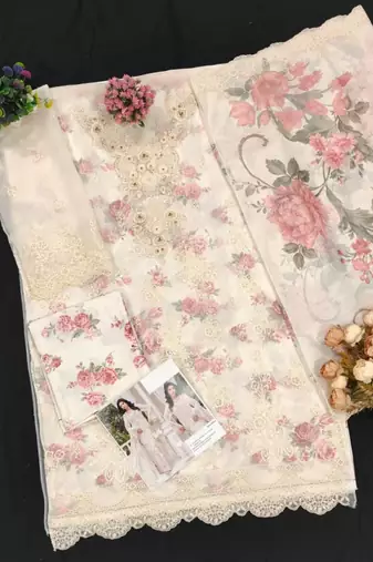 Off white chiffon suit with embroidered sequin 
