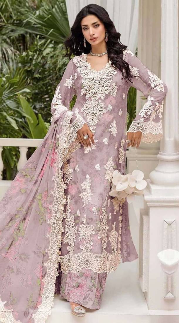 Lavender chiffon semi stitched suit with embroidery & sequence work