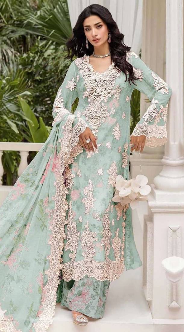 Sky blue chiffon semi stitched suit with embroidery & sequence work