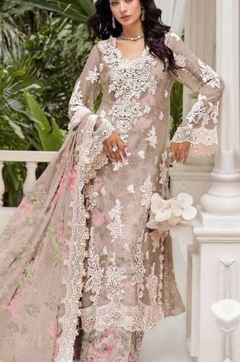 Beige chiffon semi stitched suit with embroidery & sequence work