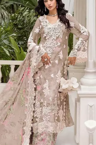 Beige chiffon semi stitched suit with embroidery & sequence work
