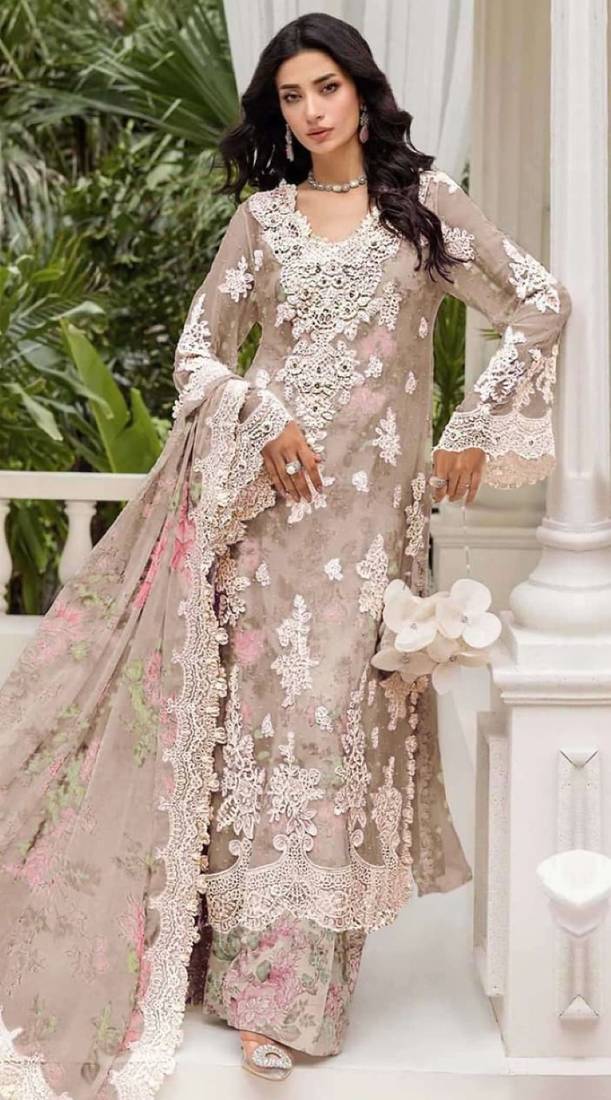 Beige chiffon semi stitched suit with embroidery & sequence work