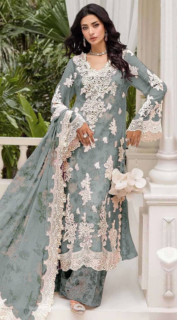 Grey chiffon suit with embroidery & Sequin work