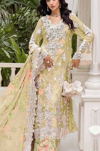 Yellow chiffon semi stitched suit with embroidery & sequence work
