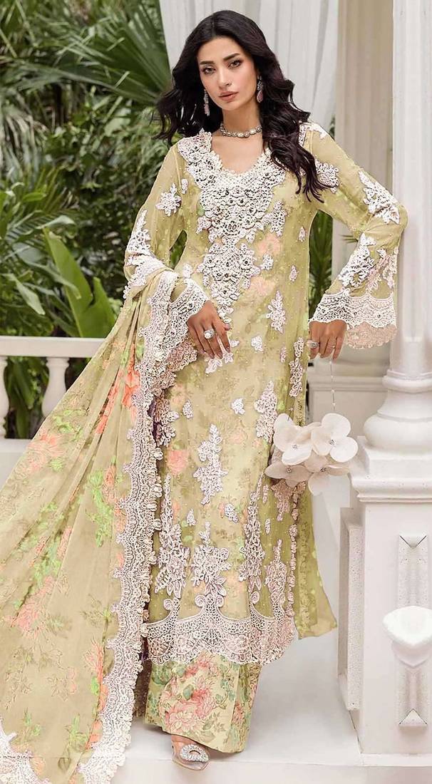 Yellow chiffon semi stitched suit with embroidery & sequence work