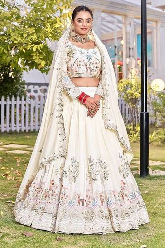 White Color Embroidery Sequence Work with thred work Silk Lahenga Choli Set