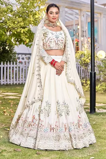 White Color Embroidery Sequence Work with thred work Silk Lahenga Choli Set
