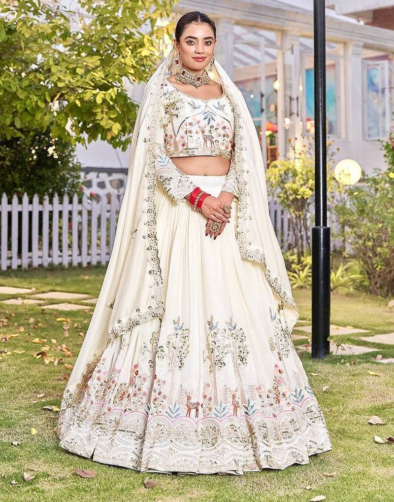 White Color Embroidery Sequence Work with thred work Silk Lahenga Choli Set