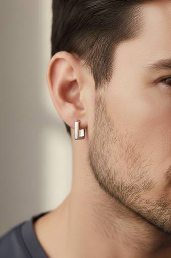  men's silver plated geomatric shaped hoop earrings