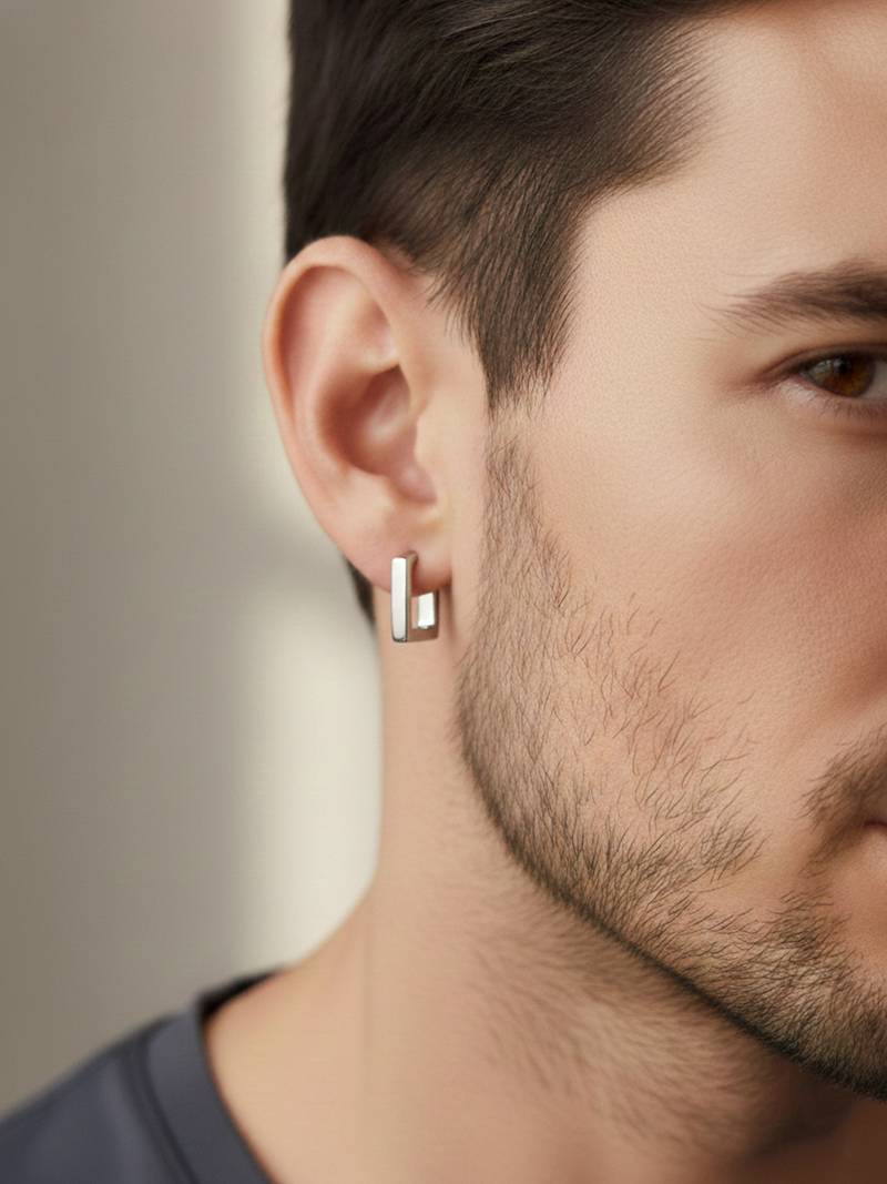  men's silver plated geomatric shaped hoop earrings
