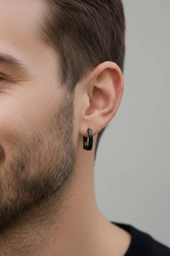  men's black rhodium plated geomatric shaped hoop earrings