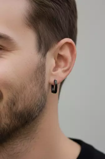  men's black rhodium plated geomatric shaped hoop earrings