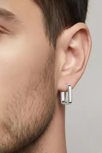  men's silver plated geomatric shaped hoop earrings