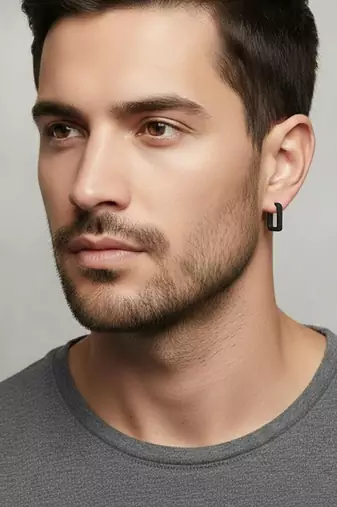  men's black rhodium plated geomatric shaped hoop earrings