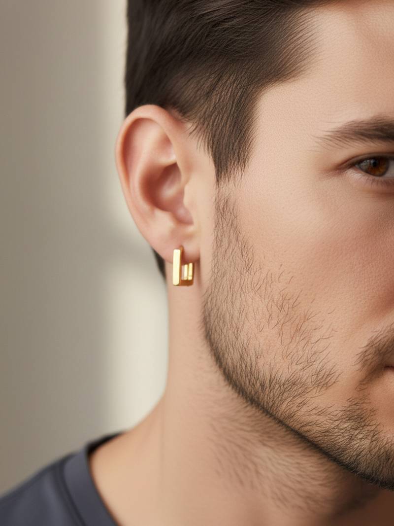  men's gold plated geomatric shaped hoop earrings