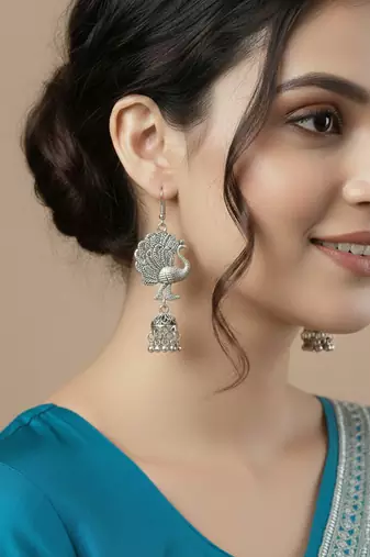 women peacock design german silver oxidised jhumka earrings