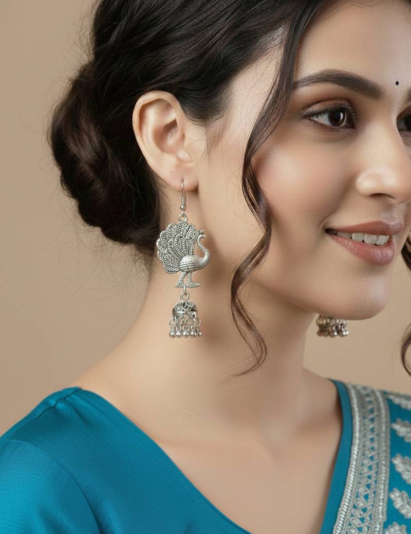  women peacock design german silver oxidised jhumka earrings